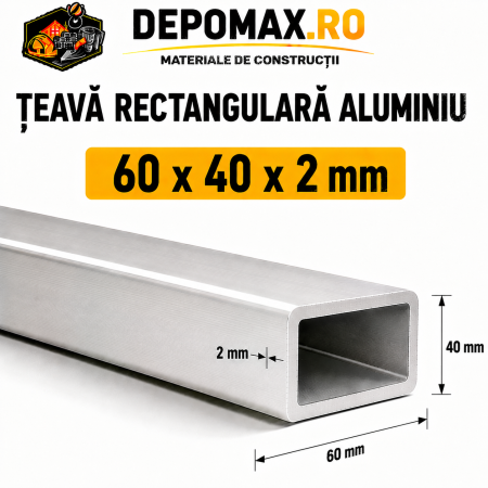 Teava rectangulara aluminiu 60 x 40 x 2 mm, 6 metri (EN AW-6060)